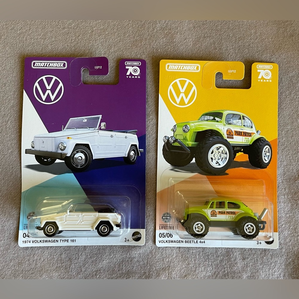 Set of 2 Volkswagen VW Toy Cars Matchbox 70 Years Beetle 1974 Type 181 New Thing